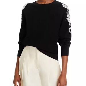 New Bloomingdale's Cashmere Black Sweater with White Floral Embroidery size M
